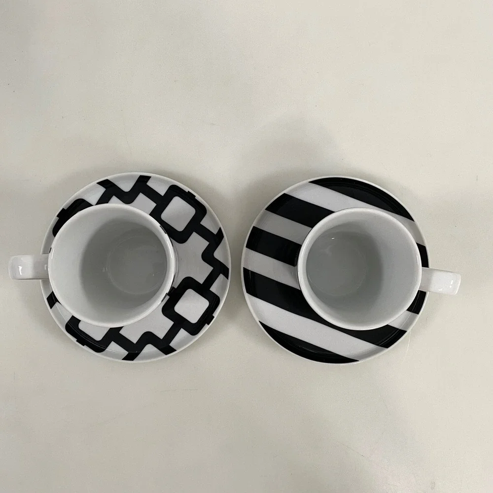 Crate & Barrel Demitasse‎ Espresso Cups Saucers White Black Geometric Porcelain